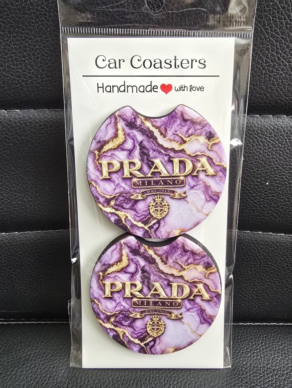 Purple Marble Gold-Accented Car Coasters Set